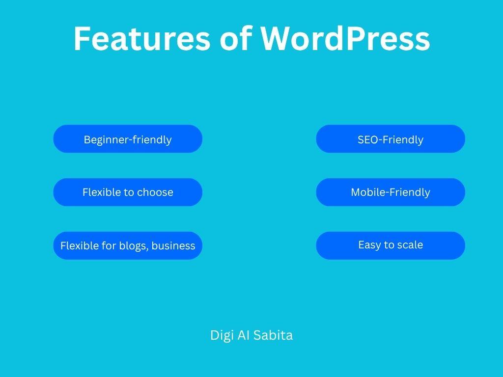 A visual showing six key features of WordPress: Beginner-friendly, SEO-Friendly, Flexible to choose, Mobile-Friendly, Flexible for blogs and business, and Easy to scale.