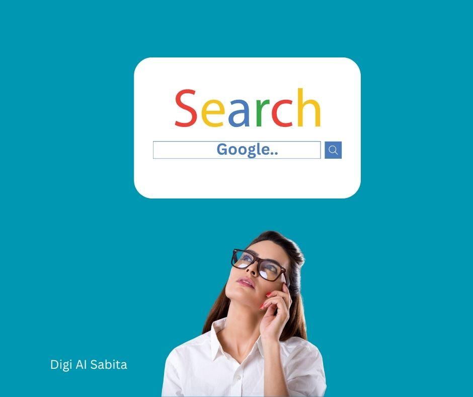 A woman looking up thoughtfully at a large Google search bar with the word "Search" prominently displayed in Google's colorful logo style.