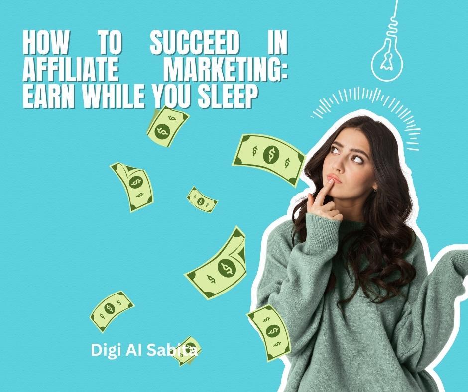 Affiliate marketing success is depicted by a thoughtful woman, floating money, and a lightbulb, illustrating how to "Earn While You Sleep."