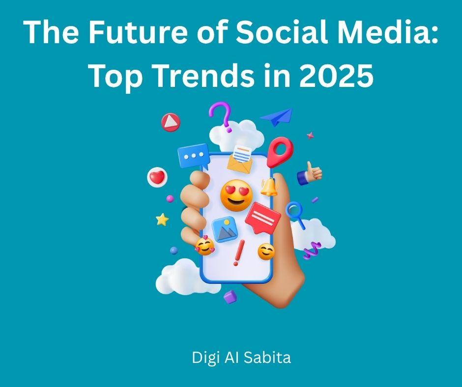 A 3D rendered hand holding a smartphone displaying various social media icons like emojis, chat bubbles, a heart, and a bell, surrounded by other digital elements and clouds, with the title "The Future of Social Media: Top Trends in 2025."
