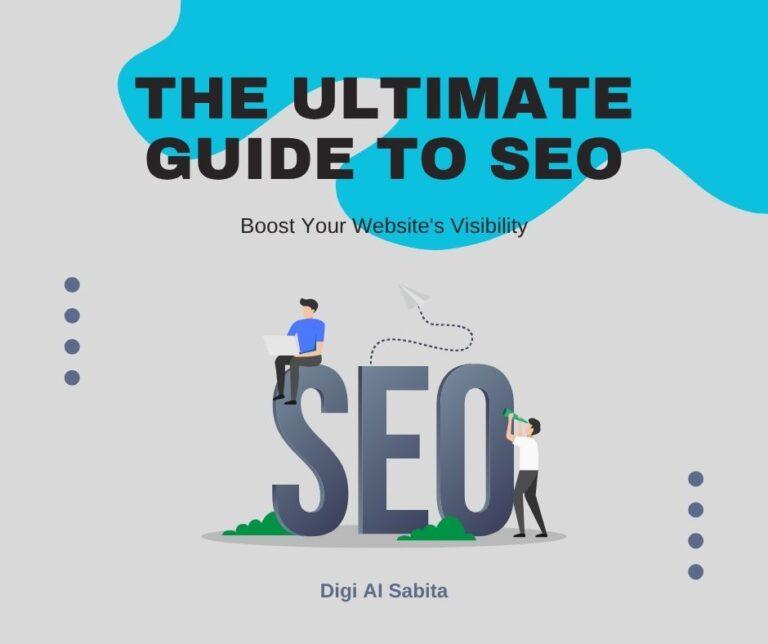A graphic depicting the concept of SEO, with figures working on a laptop and using a telescope on the letters, titled 'The Ultimate Guide to SEO: Boost Your Website's Visibility.
