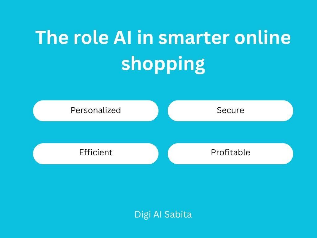 E-commerce: A graphic titled "The role AI in smarter online shopping" with four white oval buttons below it that read "Personalized," "Secure," "Efficient," and "Profitable." The text "Digi AI Sabita" is at the bottom.