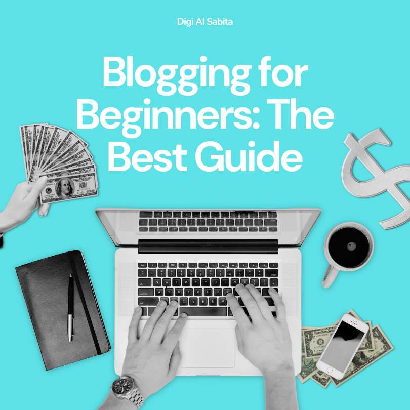 Flat lay of a laptop with hands typing, money, and blogging tools, illustrating "Blogging for Beginners: The Best Guide."