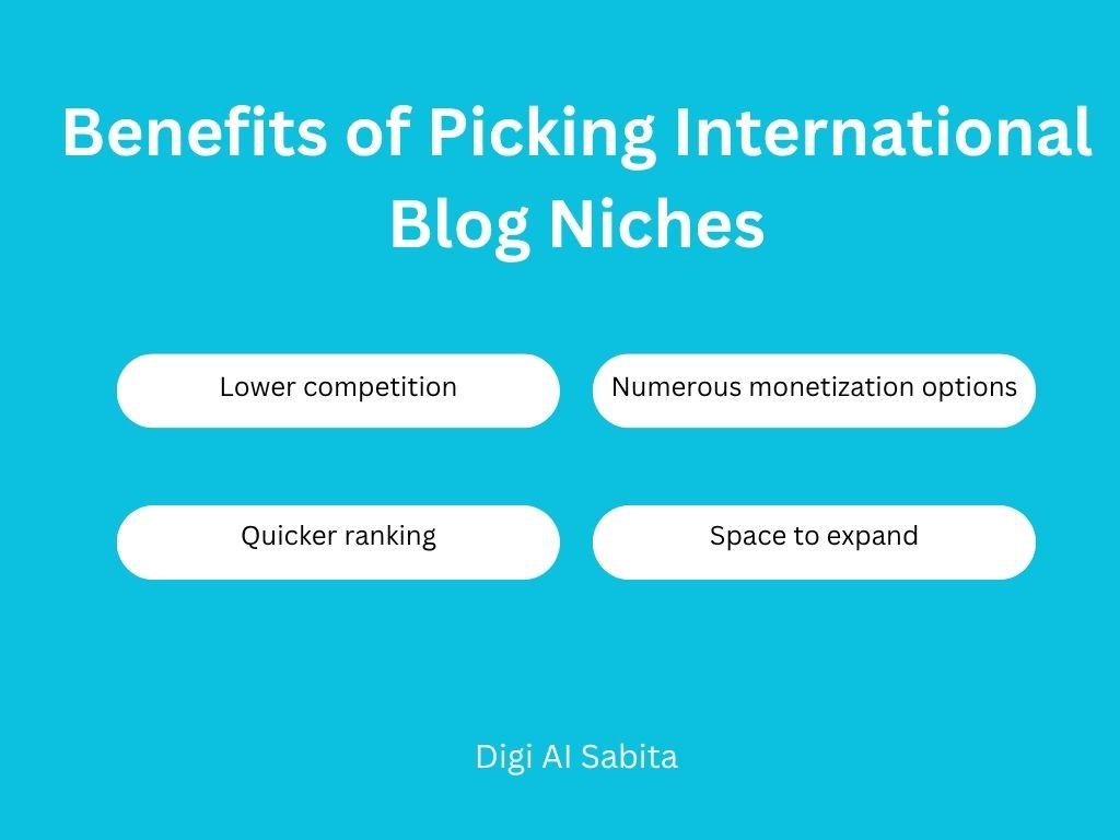 International blog niches: Benefits listed as Lower competition, Numerous monetization options, quicker ranking, and Space to expand.