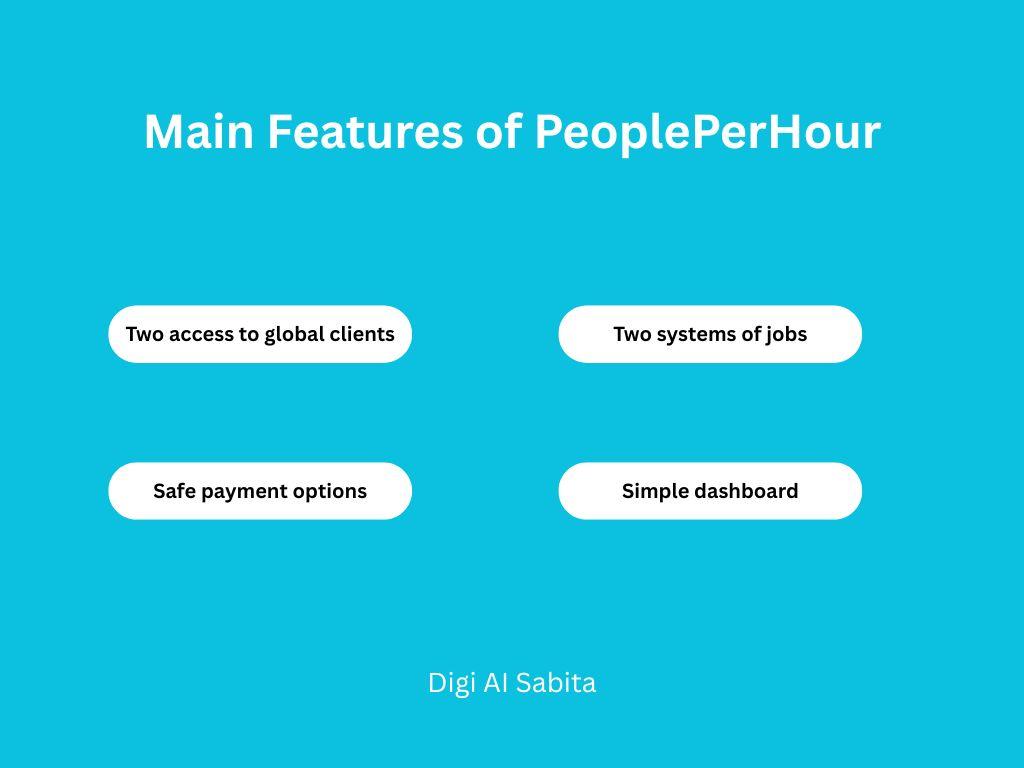 PeoplePerHour: Main features listed as Two access to global clients, Two systems of jobs, Safe payment options, and Simple dashboard.