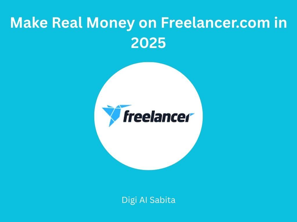 freelancer.com logo in a white circle with text 'Make Real Money on Freelancer.com in 2025' above it.