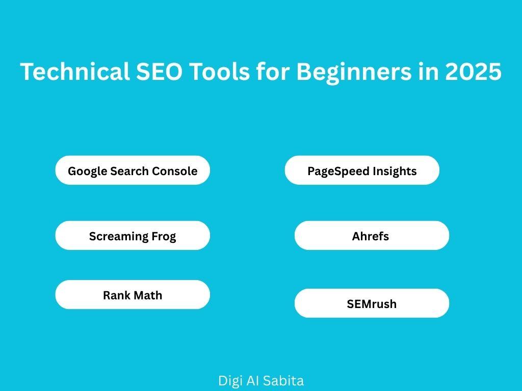 Technical SEO: List of tools for beginners in 2025, including Google Search Console, PageSpeed Insights, Screaming Frog, Ahrefs, Rank Math, and SEMrush.