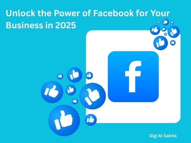 Facebook: A large Facebook "f" logo within a blue square, surrounded by numerous blue thumbs-up "Like" icons, under the title "Unlock the Power of Facebook for Your Business in 2025."