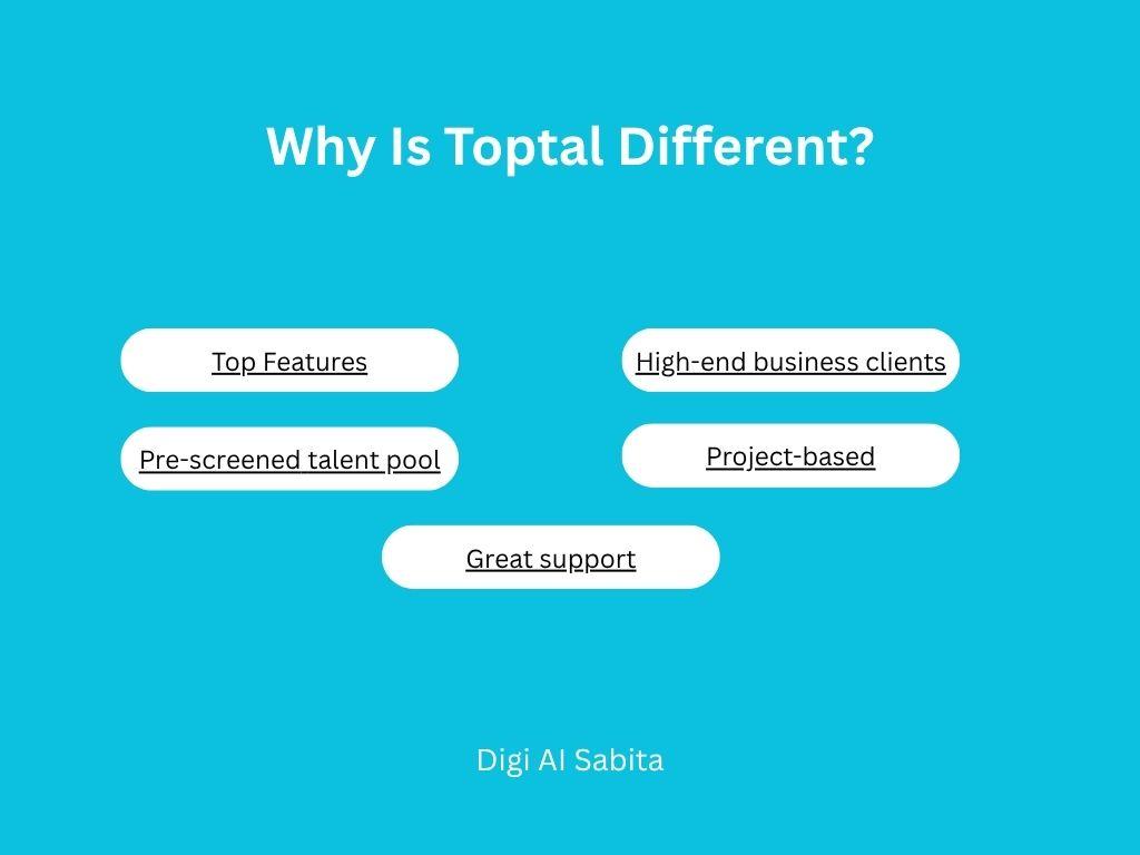 Toptal: List of reasons Toptal is different, including Top Features, High-end business clients, Pre-screened talent pool, Project-based, and Great support