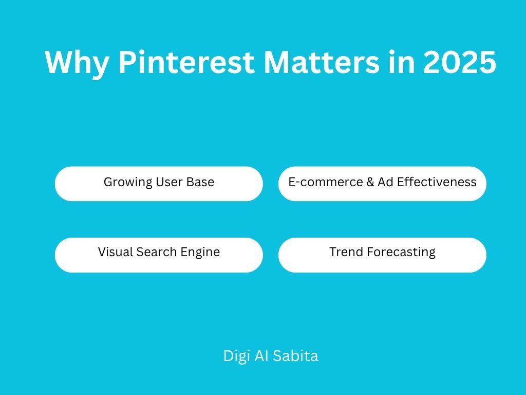 Pinterest: Reasons Pinterest matters in 2025, including Growing User Base, E-commerce & Ad Effectiveness, Visual Search Engine, and Trend Forecasting.