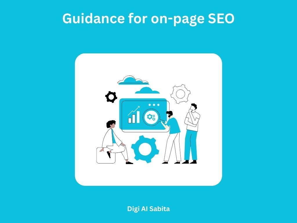 Guidance for on-page SEO showing three people collaborating around a computer screen with SEO optimization icons and gears.