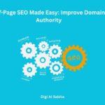 A blue background with interconnected gears illustrating off-page SEO components like keywords, strategy, marketing, social media, content, and research & analysis, all contributing to a larger "SEO" gear. The title "Off-Page SEO Made Easy: Improve Domain Authority" is at the top, and "Digi AI Sabita" is at the bottom.