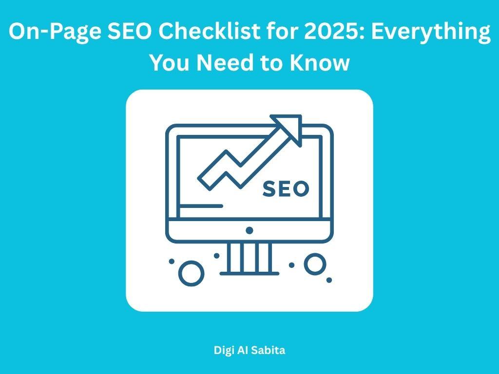 On-page SEO checklist 2025 with computer monitor showing SEO graph and arrow.